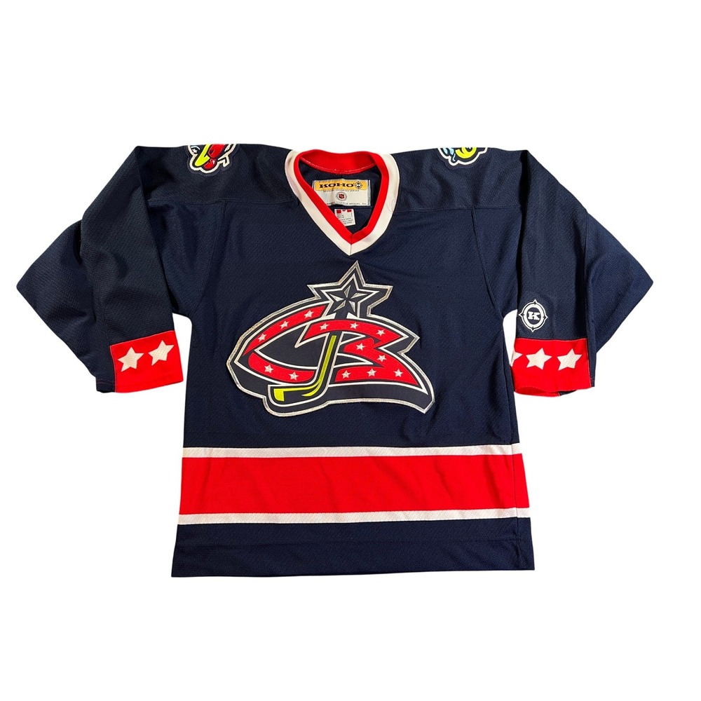 Vintage Columbus Blue Jackets Jersey Mens Small Navy Blue NHL Hockey Logo Koho